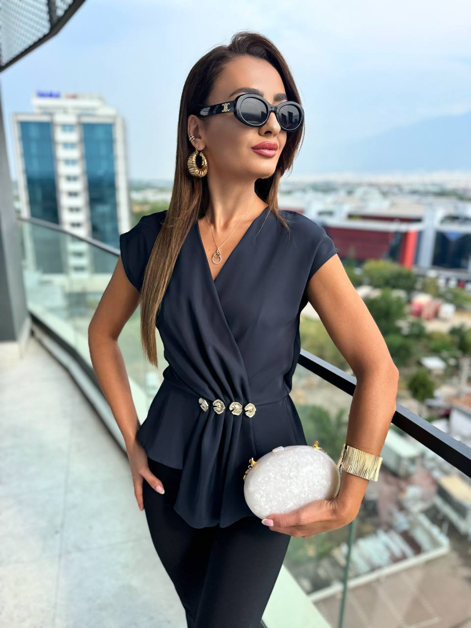 Tasarım%20Lacivert%20Bel%20Detaylı%20Double%20Krep%20Kumaş%20Bluz