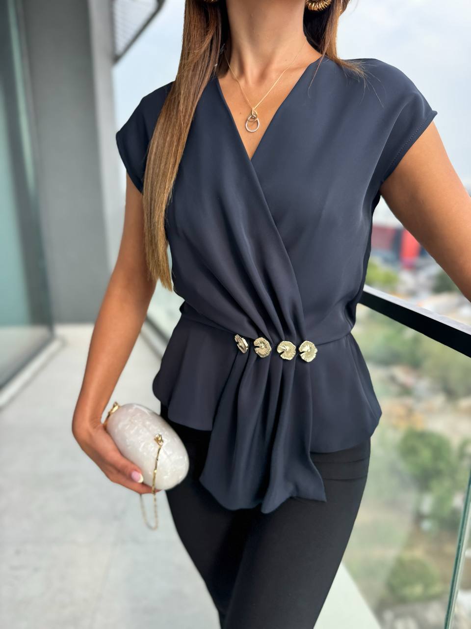 Tasarım%20Lacivert%20Bel%20Detaylı%20Double%20Krep%20Kumaş%20Bluz
