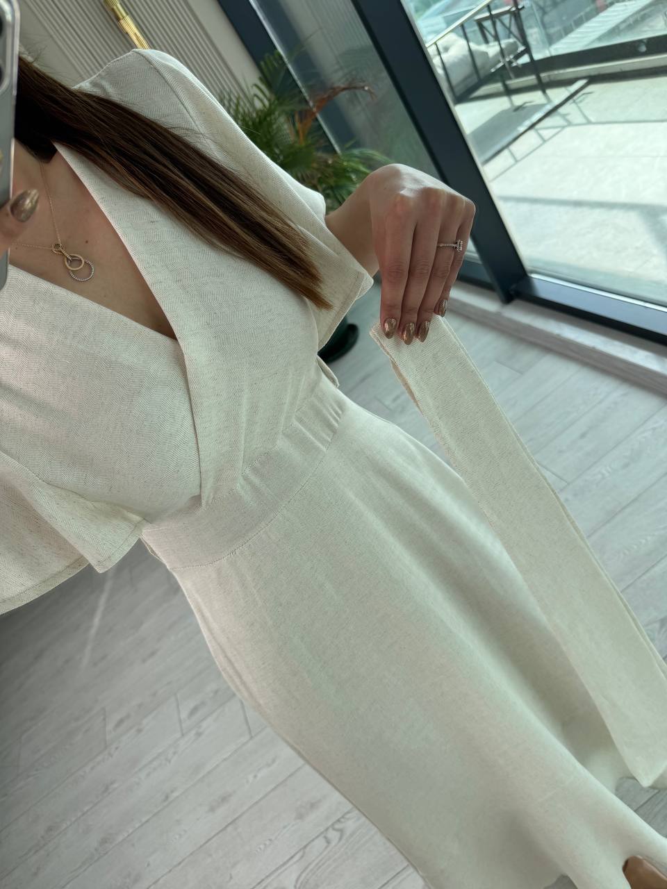 Natural%20Taş%20Rengi%20Etek%20Ve%20Kolu%20Volan%20Detaylı%20Pamuklu%20Keten%20Astarlı%20Elbise%20