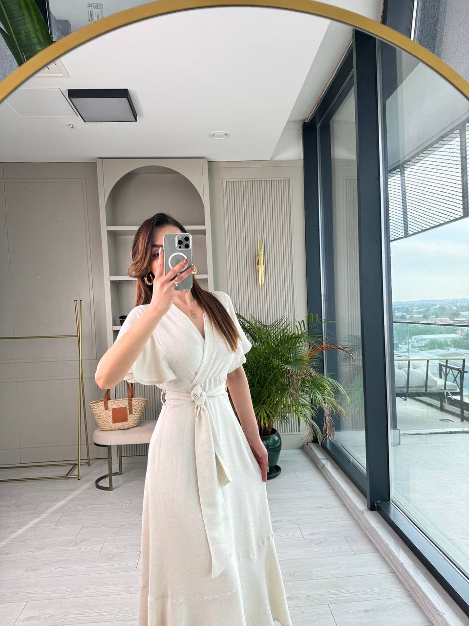 Natural%20Taş%20Rengi%20Etek%20Ve%20Kolu%20Volan%20Detaylı%20Pamuklu%20Keten%20Astarlı%20Elbise%20