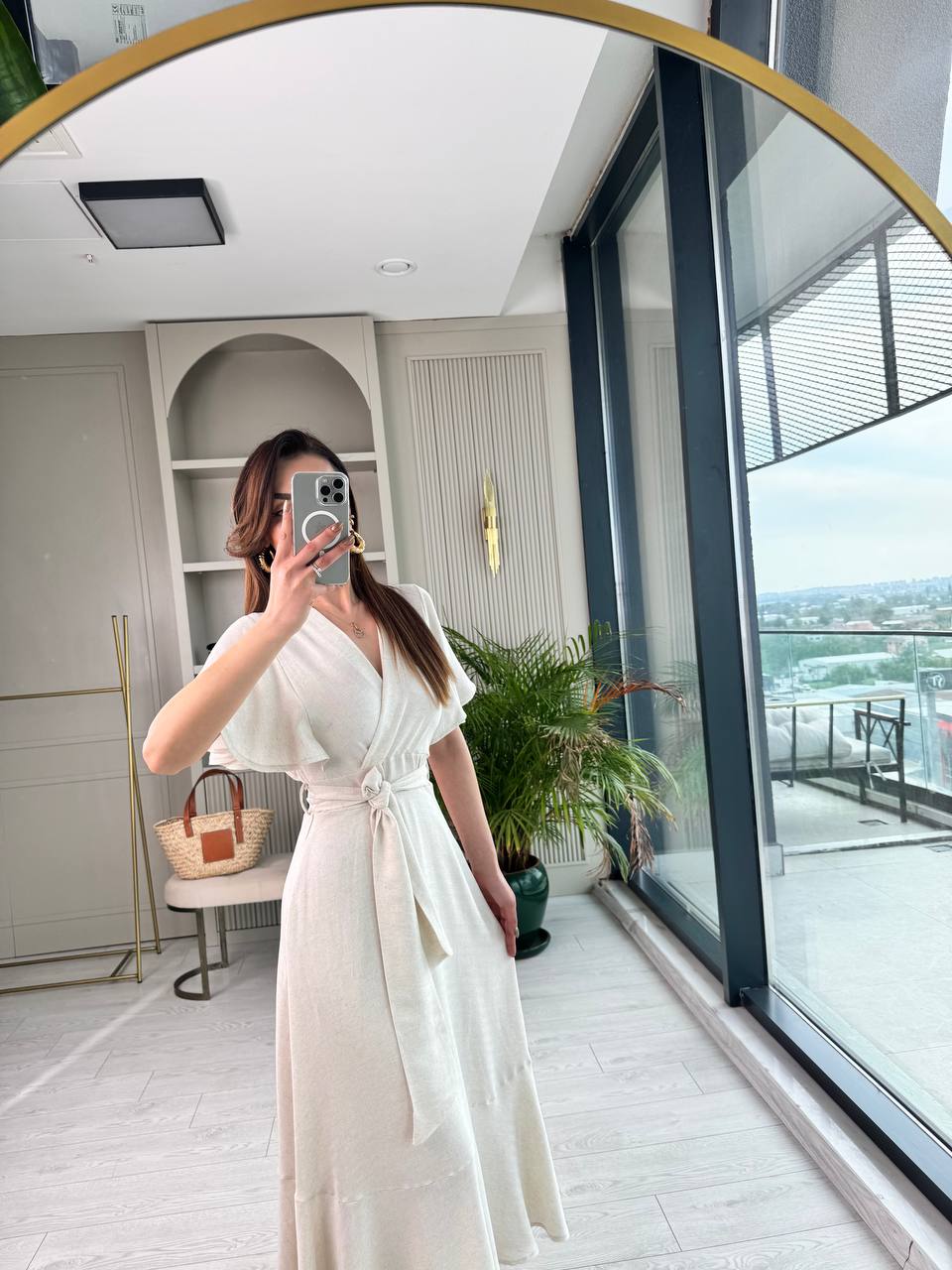 Natural%20Taş%20Rengi%20Etek%20Ve%20Kolu%20Volan%20Detaylı%20Pamuklu%20Keten%20Astarlı%20Elbise%20