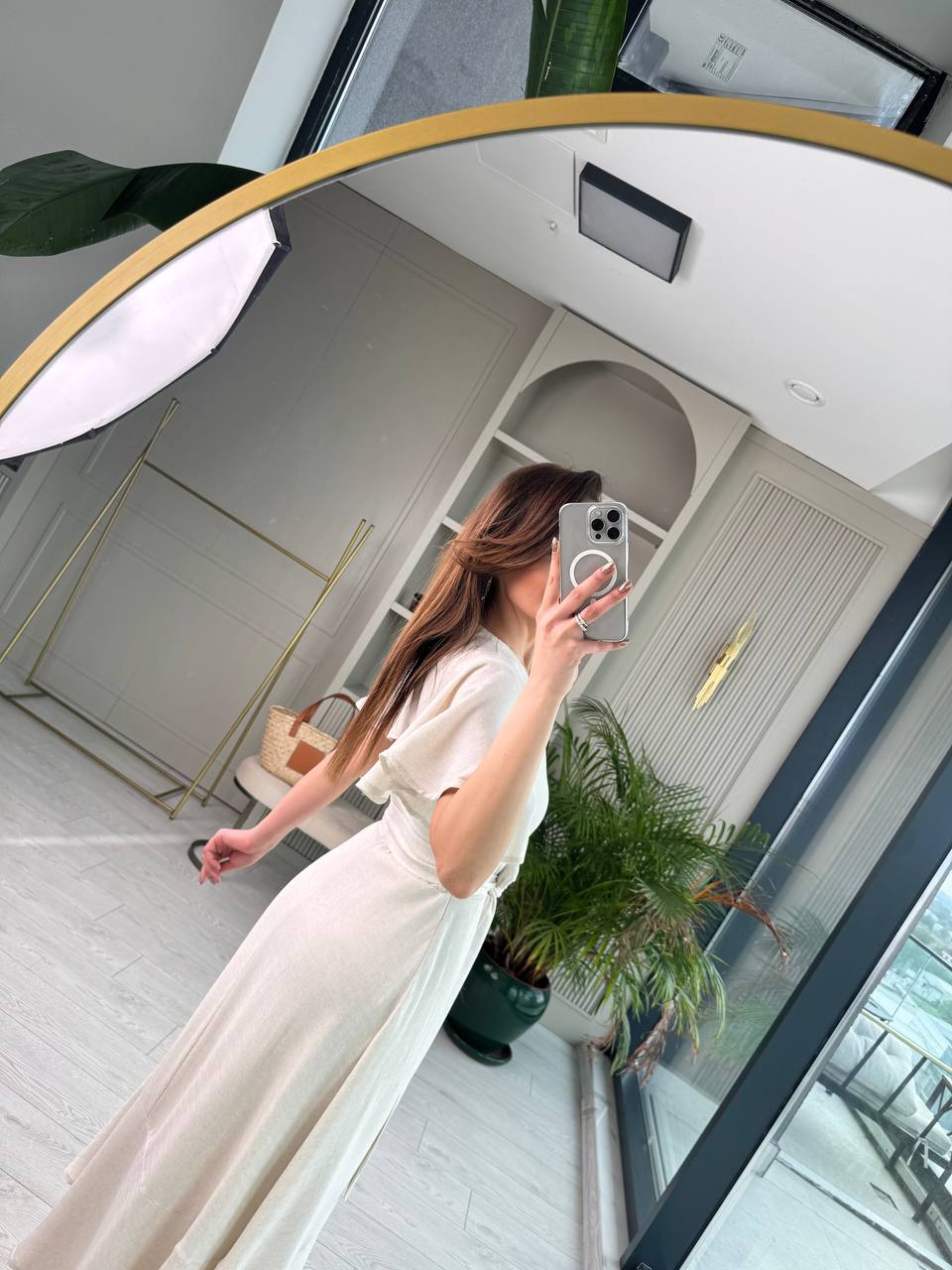 Natural%20Taş%20Rengi%20Etek%20Ve%20Kolu%20Volan%20Detaylı%20Pamuklu%20Keten%20Astarlı%20Elbise%20