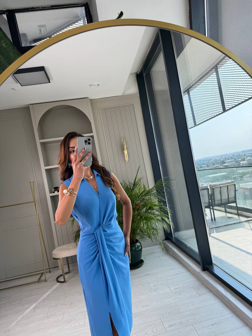 Mavi%20Bel%20Drapeli%20İpekli%20Krep%20Kumaş%20Elbise