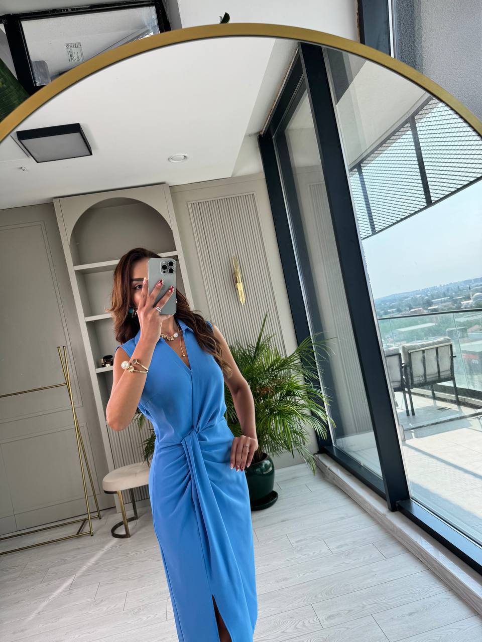 Mavi%20Bel%20Drapeli%20İpekli%20Krep%20Kumaş%20Elbise