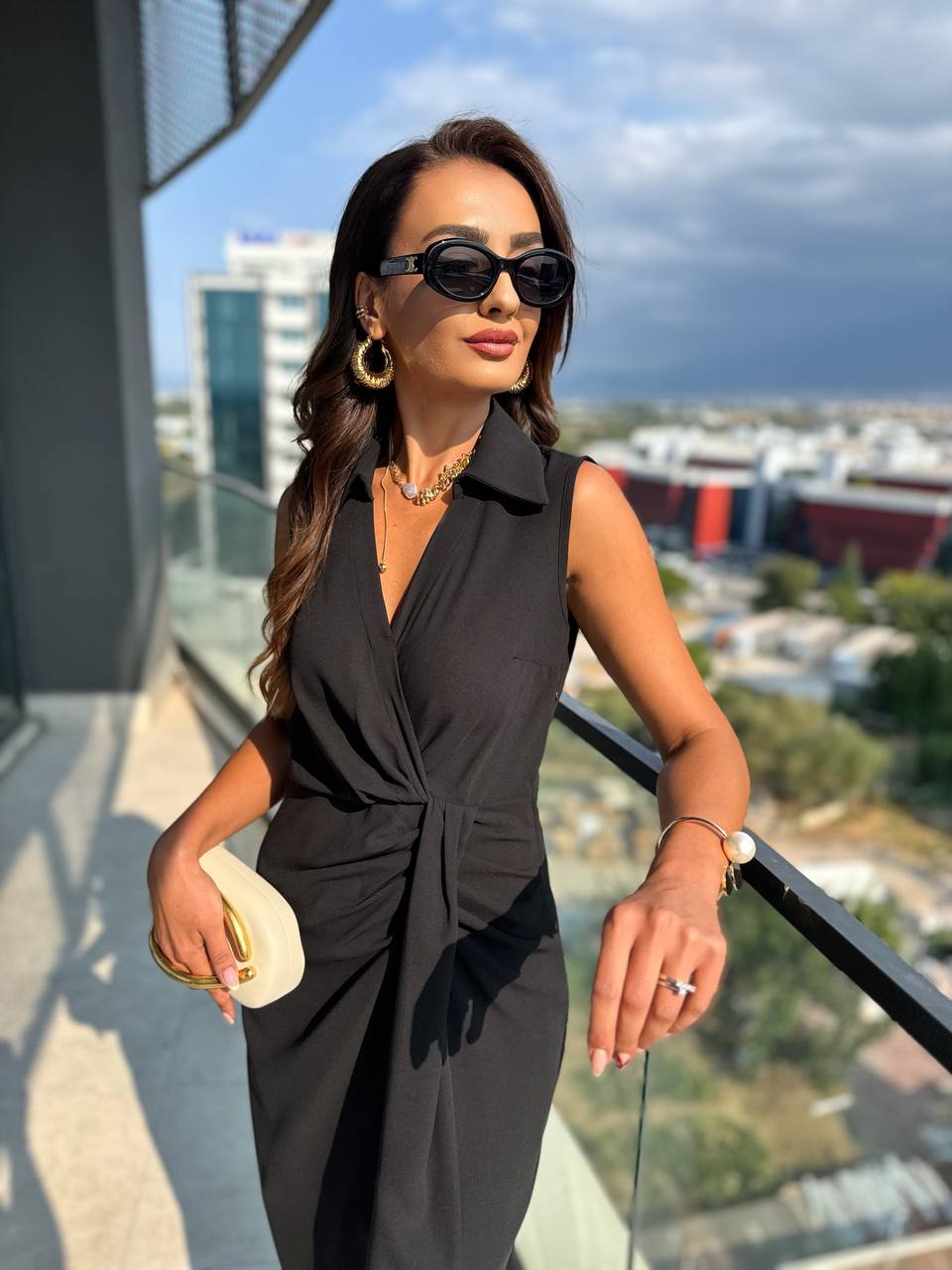 Siyah%20Bel%20Drapeli%20İpekli%20Krep%20Kumaş%20Elbise