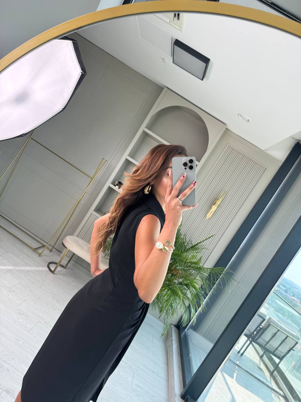 Siyah%20Bel%20Drapeli%20İpekli%20Krep%20Kumaş%20Elbise