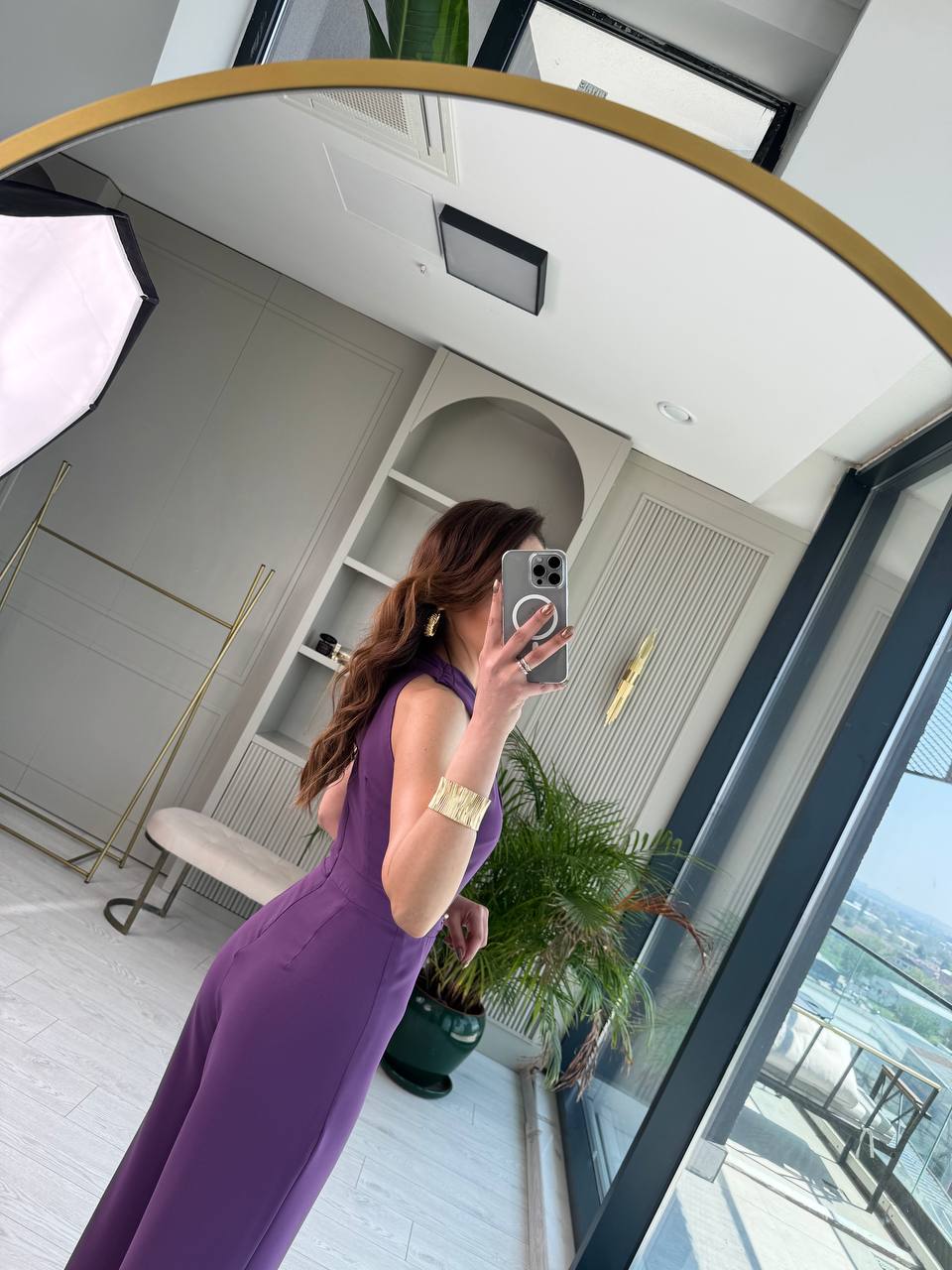 Mor%20Bel%20Zincir%20Detaylı%20İpekli%20Krep%20Kumaş%20Tulum