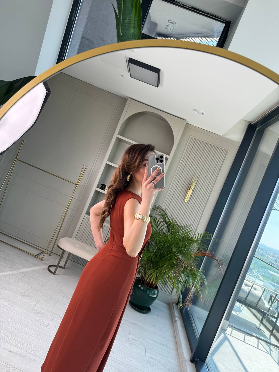 Kiremit%20Bel%20Metal%20Toka%20Detaylı%20Tensel%20Krep%20Kumaş%20Elbise
