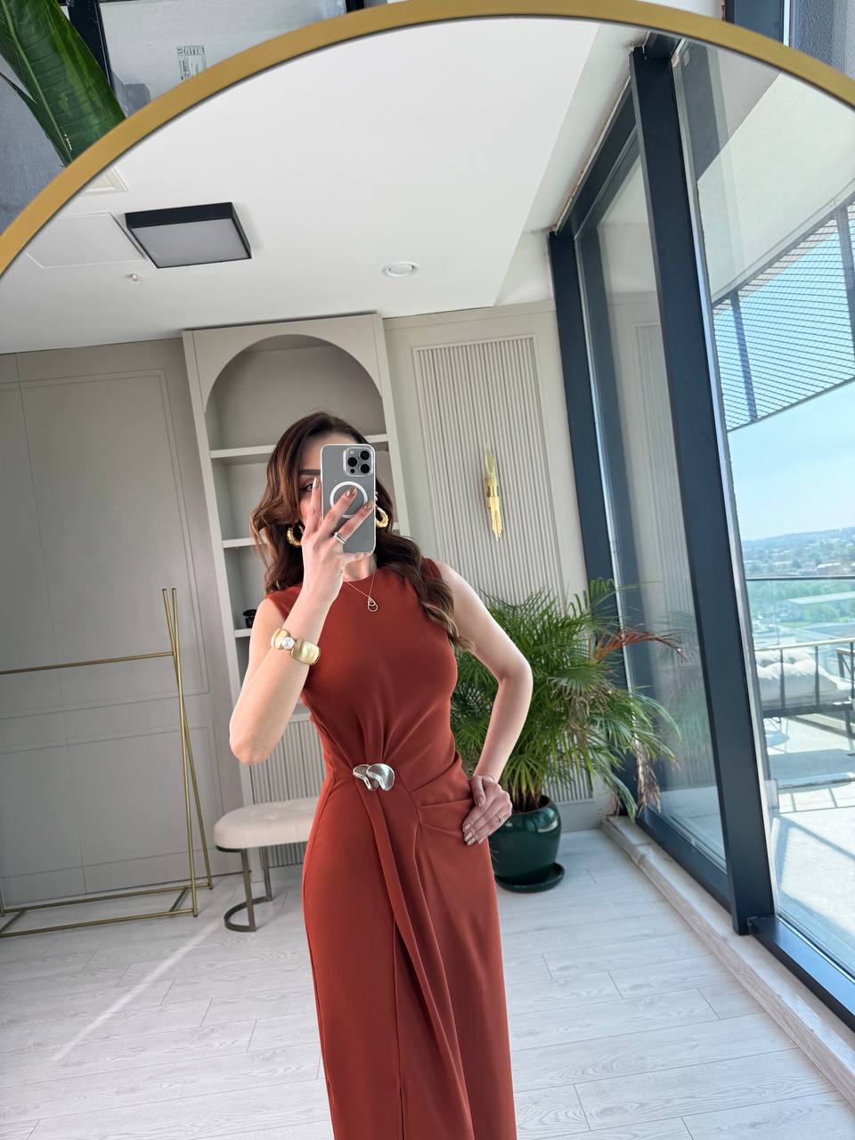 Kiremit%20Bel%20Metal%20Toka%20Detaylı%20Tensel%20Krep%20Kumaş%20Elbise
