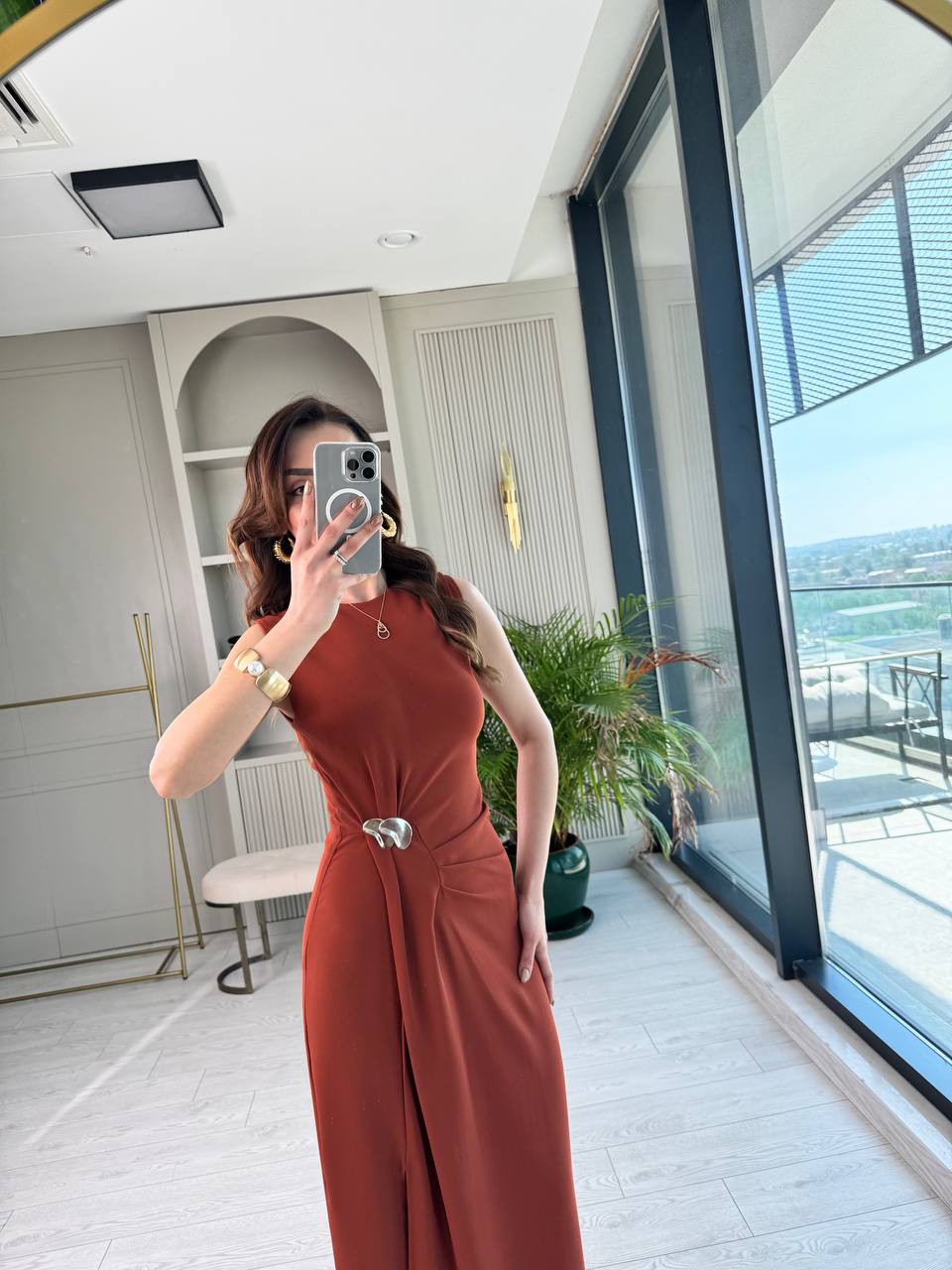 Kiremit%20Bel%20Metal%20Toka%20Detaylı%20Tensel%20Krep%20Kumaş%20Elbise