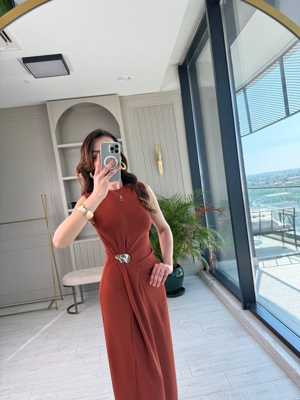Kiremit%20Bel%20Metal%20Toka%20Detaylı%20Tensel%20Krep%20Kumaş%20Elbise
