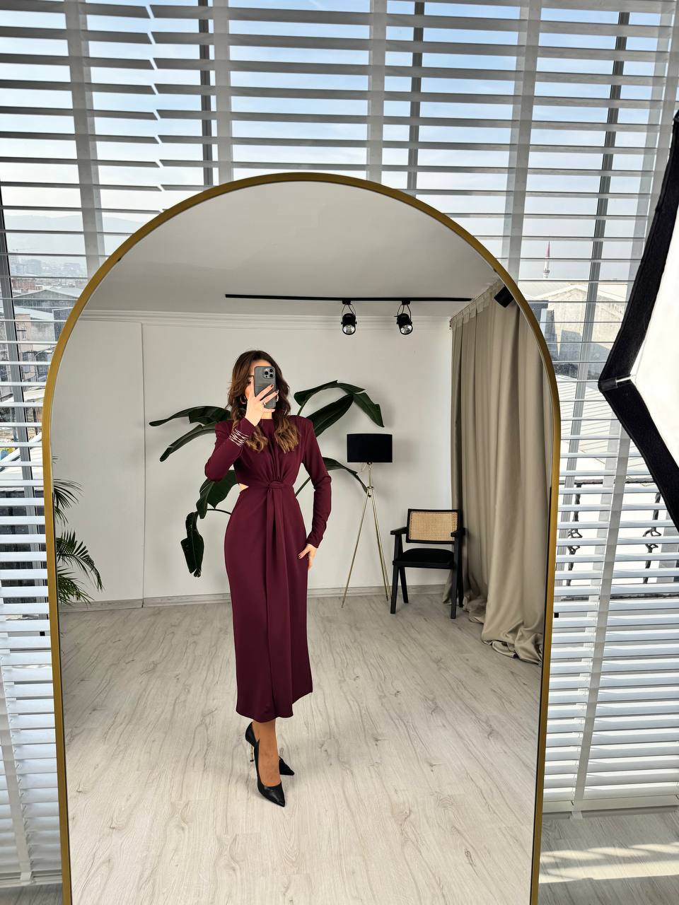 Bordo%20Vatkalı%20Zara%20Model%20Bel%20Detay%20Krep%20Kumaş%20Elbise