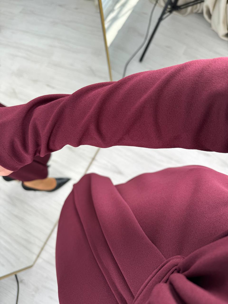 Bordo%20Vatkalı%20Zara%20Model%20Bel%20Detay%20Krep%20Kumaş%20Elbise