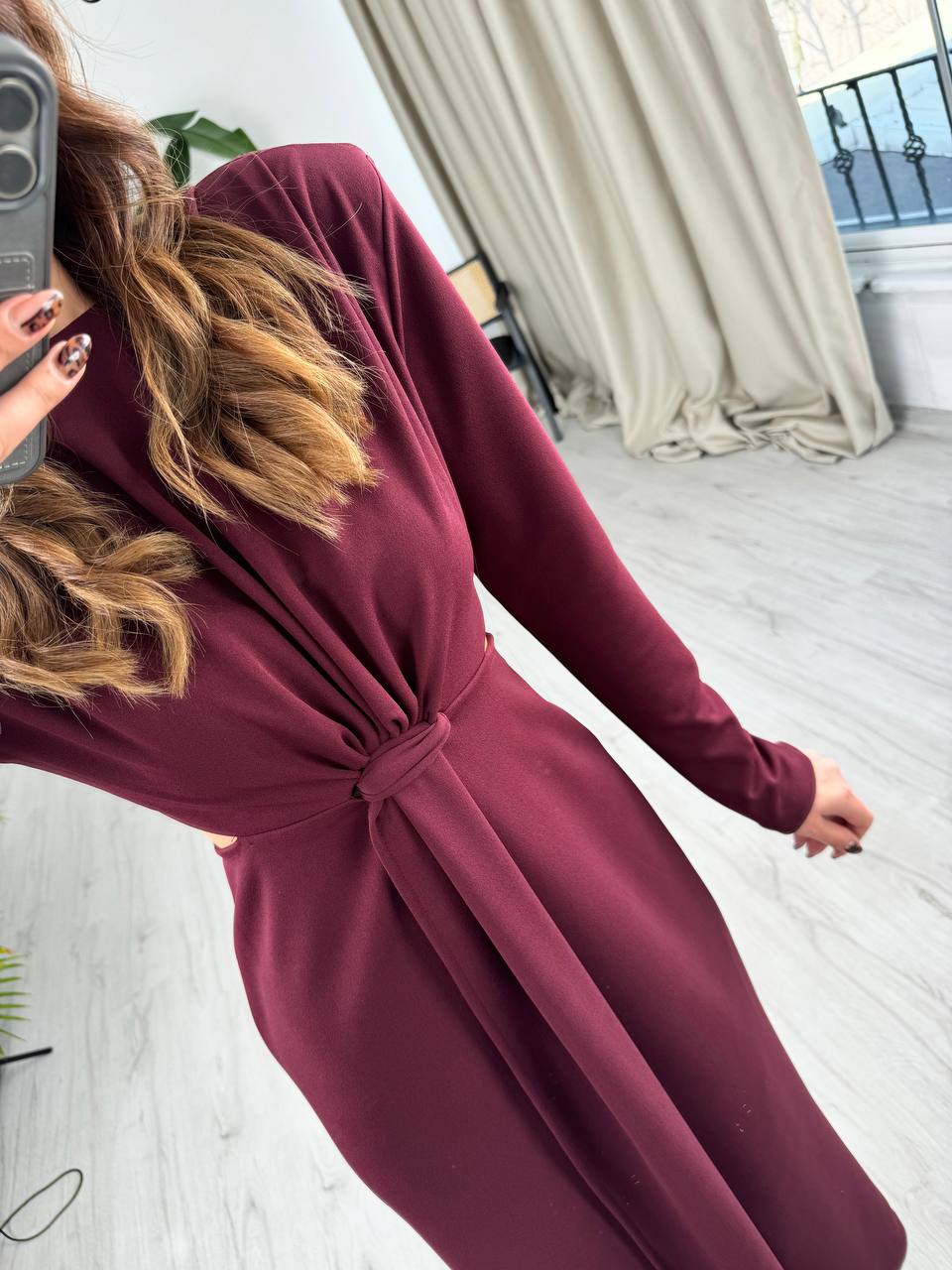 Bordo%20Vatkalı%20Zara%20Model%20Bel%20Detay%20Krep%20Kumaş%20Elbise