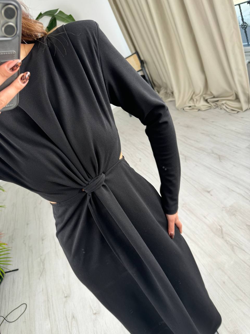 Siyah%20Vatkalı%20Zara%20Model%20Bel%20Detay%20Krep%20Kumaş%20Elbise