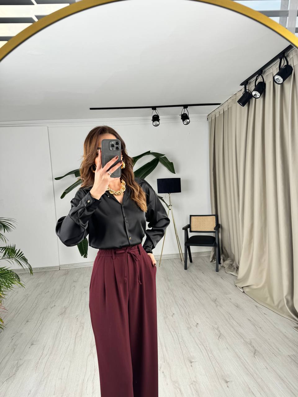 Siyah%20Gold%20Minimal%20Düğmeli%20Pamuk%20Saten%20Gömlek