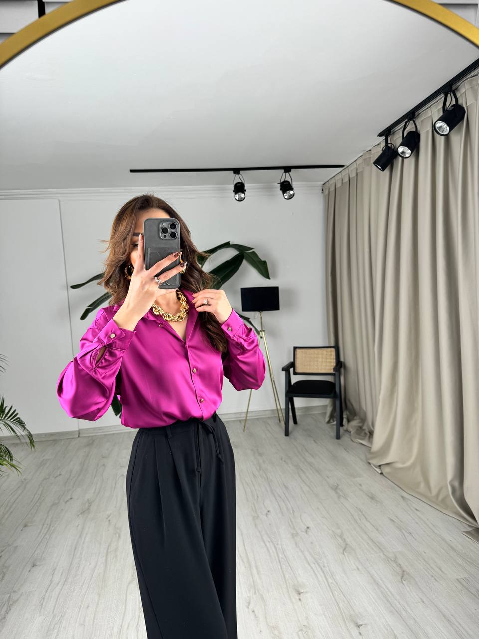 Fuşya%20Gold%20Minimal%20Düğmeli%20Pamuk%20Saten%20Gömlek