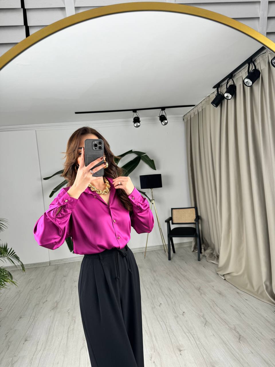 Fuşya%20Gold%20Minimal%20Düğmeli%20Pamuk%20Saten%20Gömlek