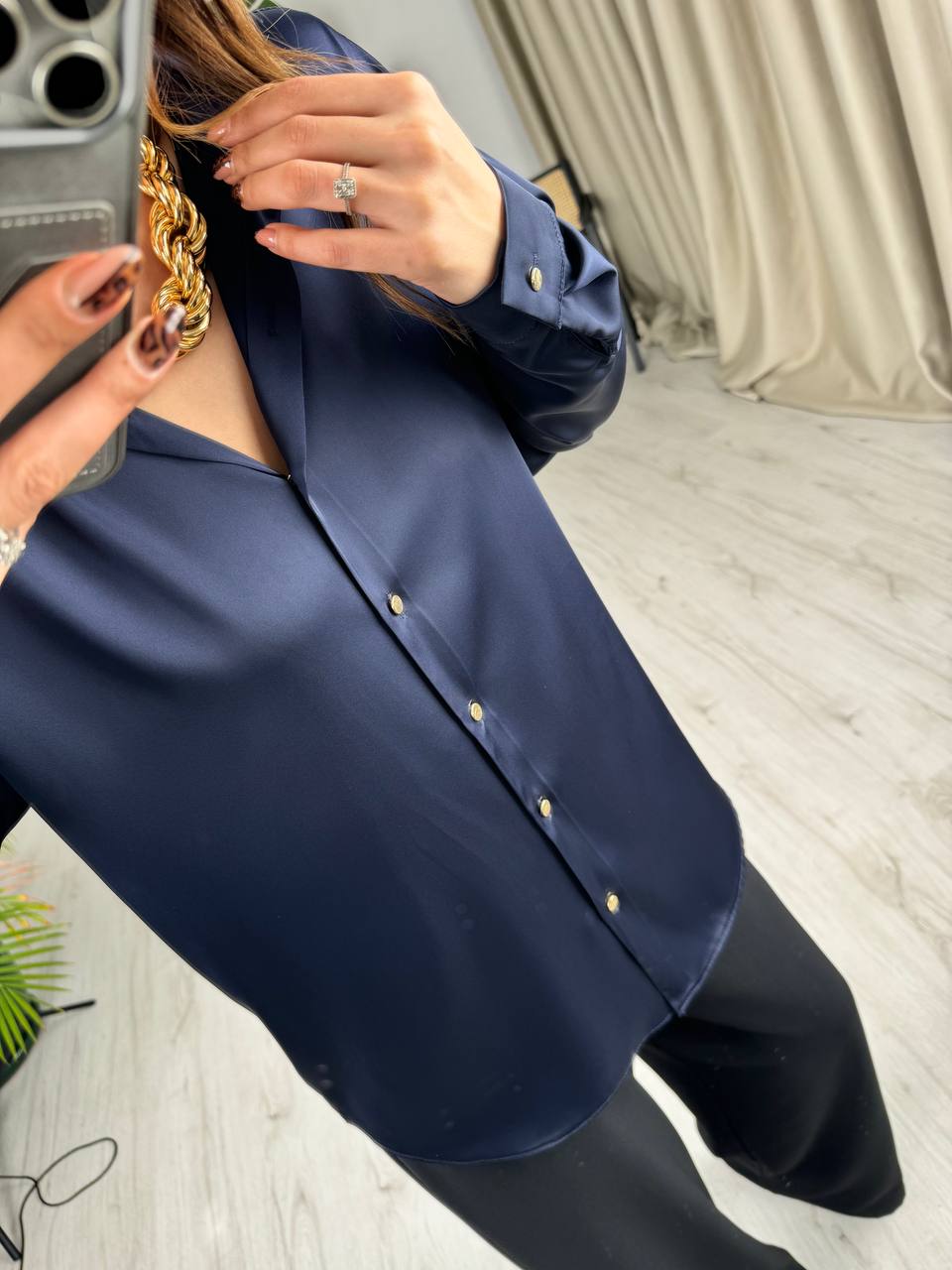 Lacivert%20Gold%20Minimal%20Düğmeli%20Pamuk%20Saten%20Gömlek