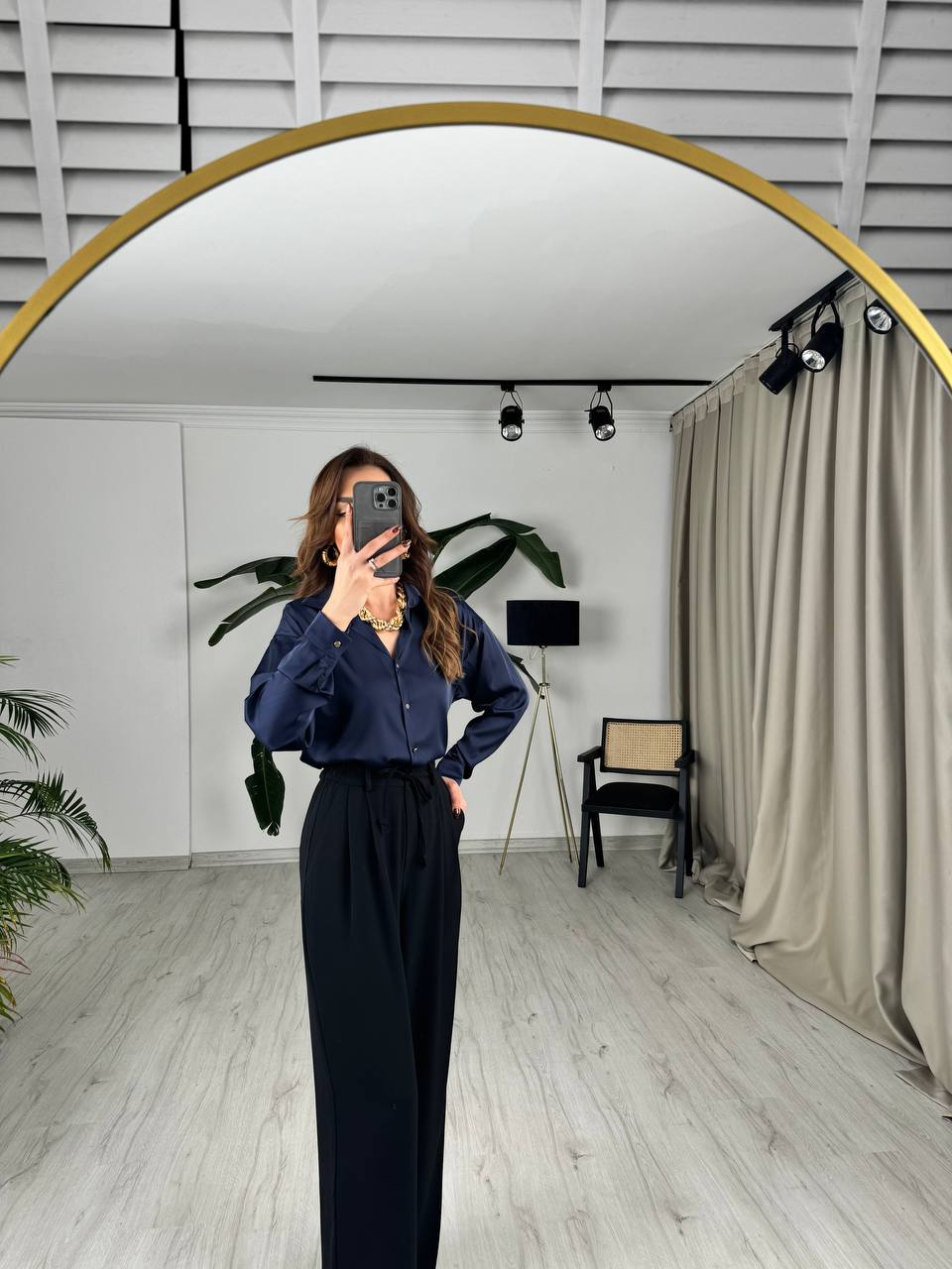 Lacivert%20Gold%20Minimal%20Düğmeli%20Pamuk%20Saten%20Gömlek