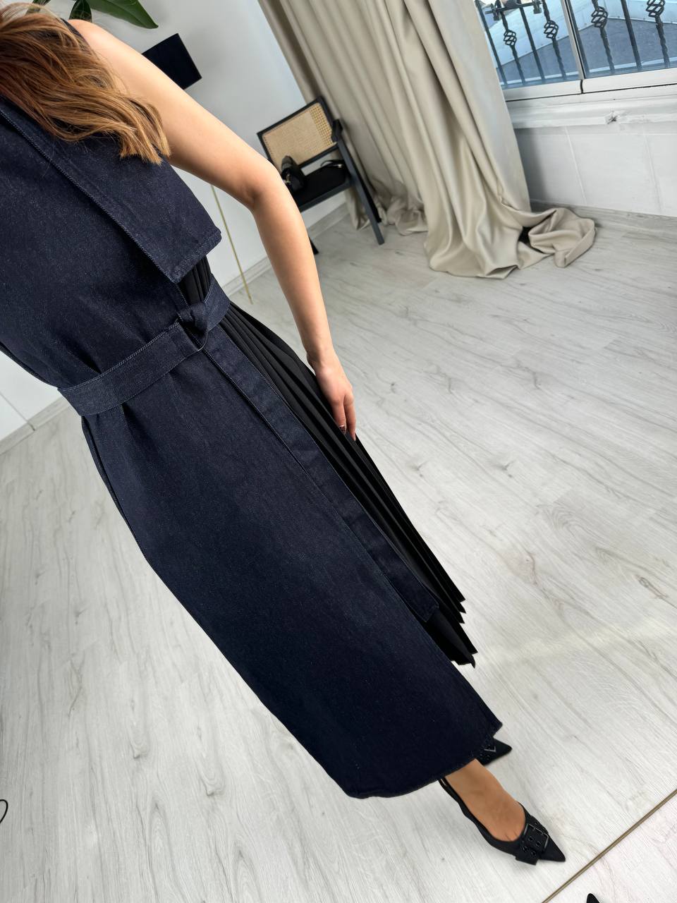 Premium%20Seri%20Tasarım%20Pilise%20Detay%20Jean%20Kumaş%20Elbise