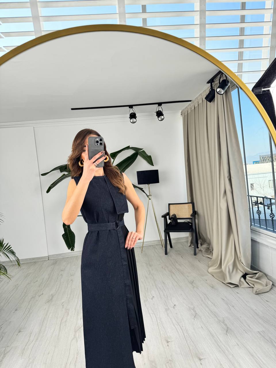 Premium%20Seri%20Tasarım%20Pilise%20Detay%20Jean%20Kumaş%20Elbise