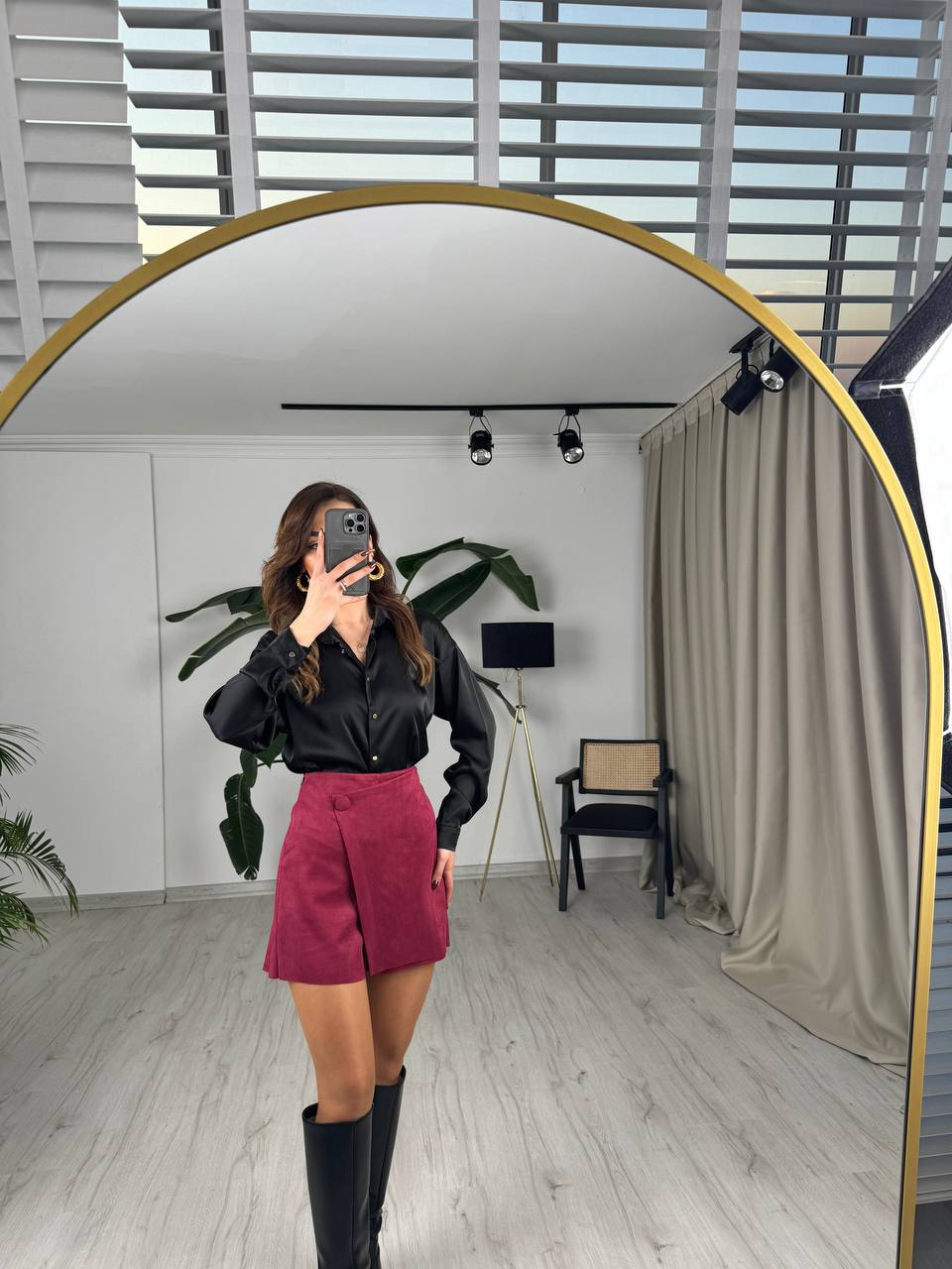 Bordo%20Nubuk%20Süet%20Kumaş%20Şort%20Etek