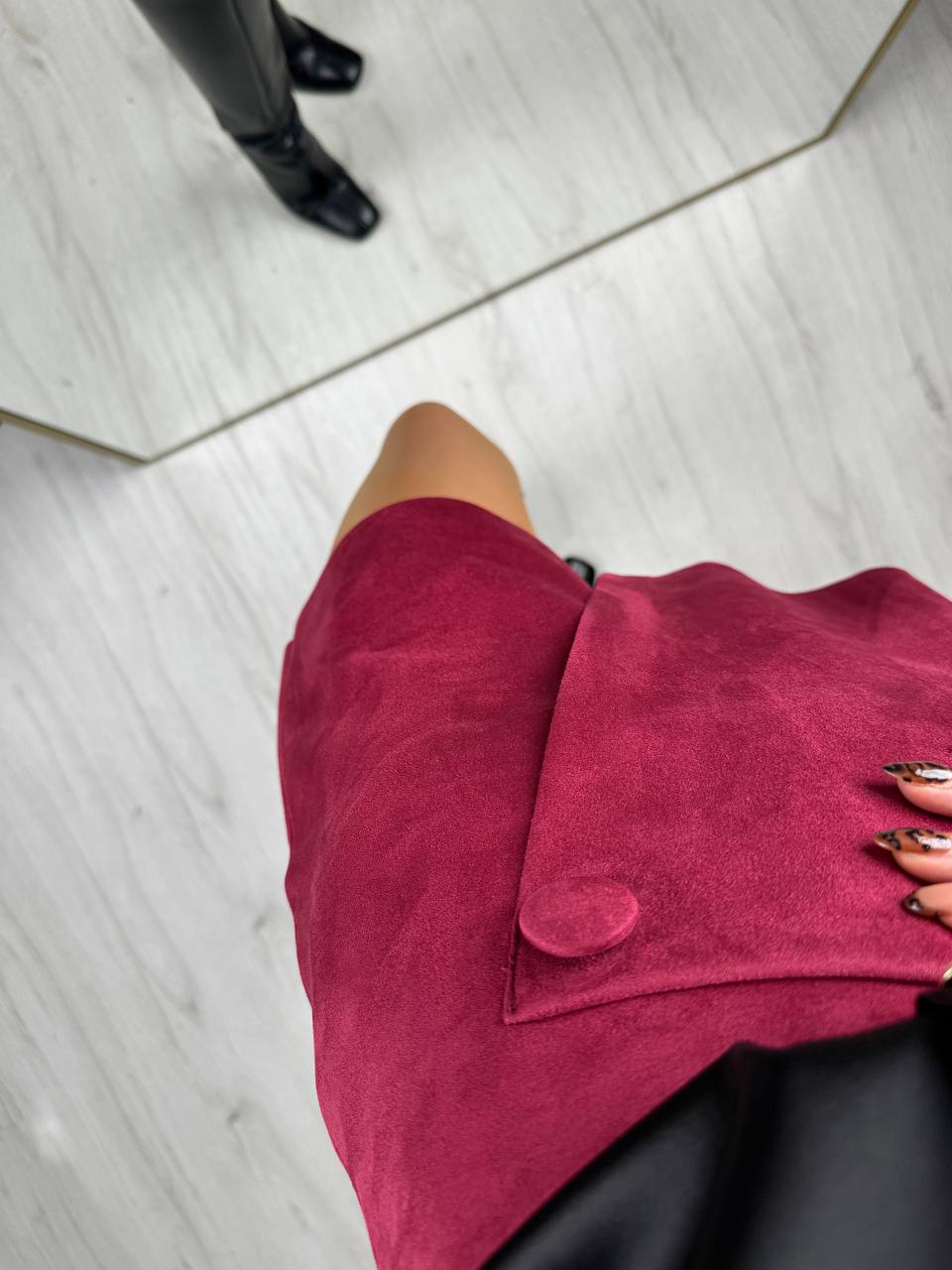 Bordo%20Nubuk%20Süet%20Kumaş%20Şort%20Etek