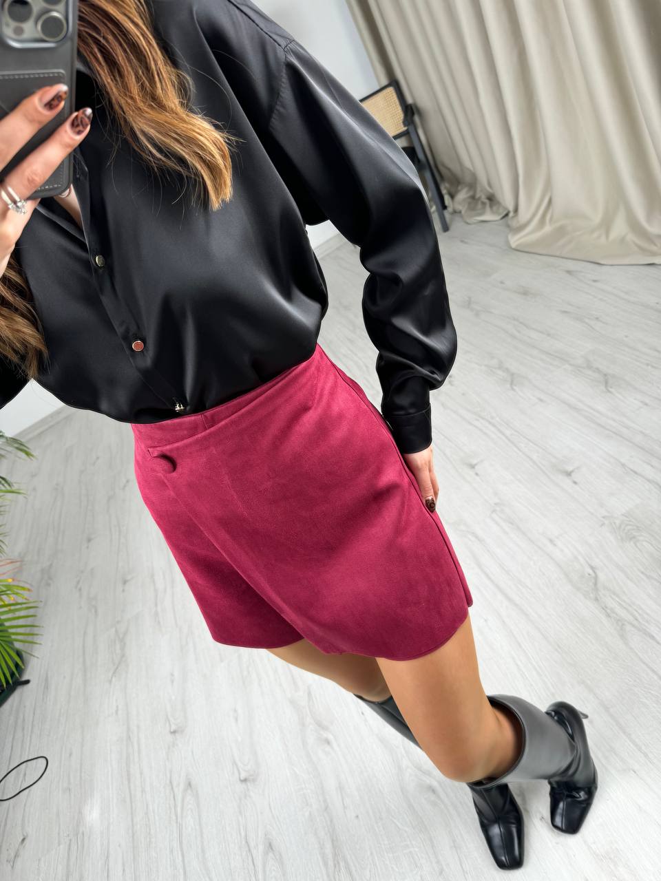 Bordo%20Nubuk%20Süet%20Kumaş%20Şort%20Etek