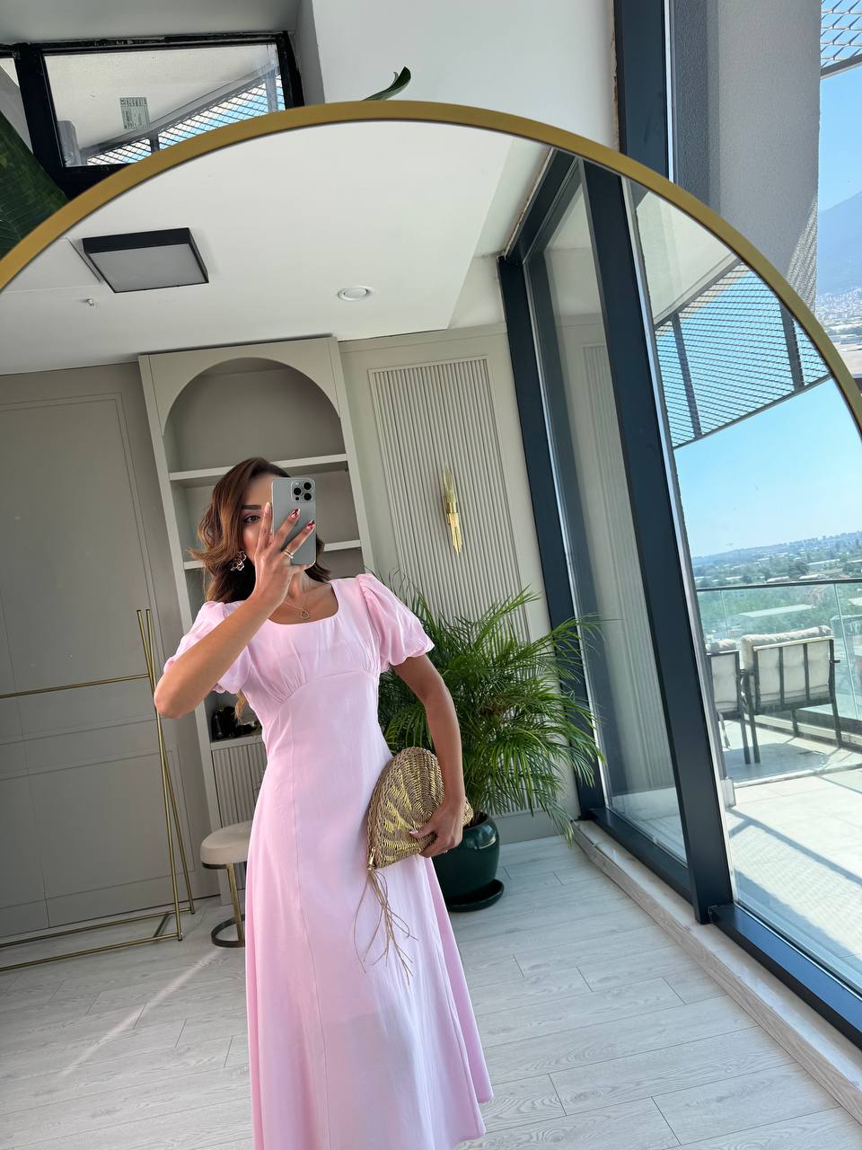 Pembe%20Astarlı%20Tensel%20Kumaş%20Astarlı%20Midi%20Elbise