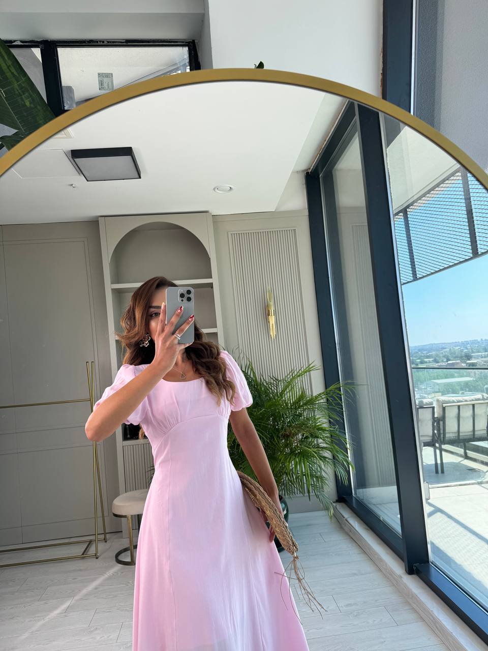 Pembe%20Astarlı%20Tensel%20Kumaş%20Astarlı%20Midi%20Elbise