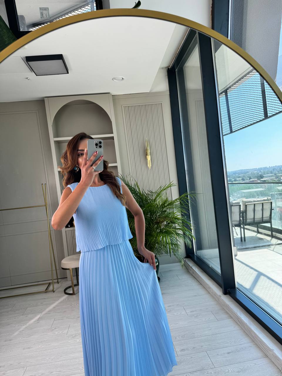 Mavi%20Piliseli%20Astarlı%20Premium%20Şifon%20Kumaş%20Elbise