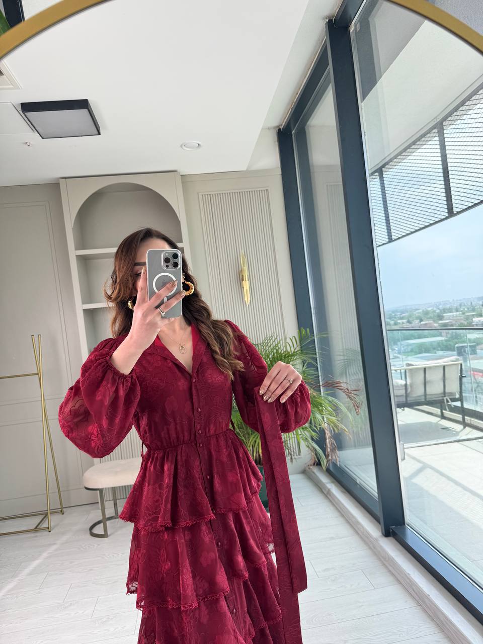 Tasarım%20Bordo%20Eteği%20Kat%20Kat%20Astarlı%20Elbise