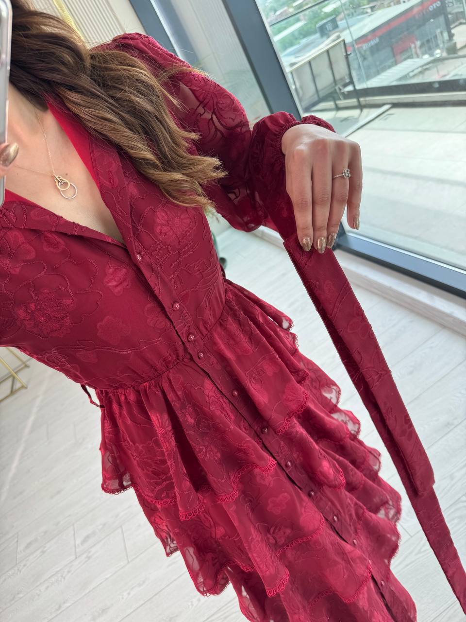Tasarım%20Bordo%20Eteği%20Kat%20Kat%20Astarlı%20Elbise