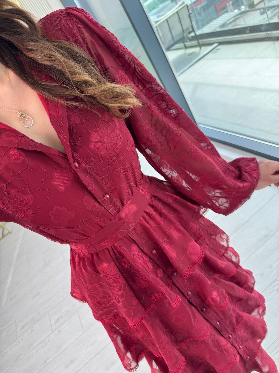 Tasarım%20Bordo%20Eteği%20Kat%20Kat%20Astarlı%20Elbise