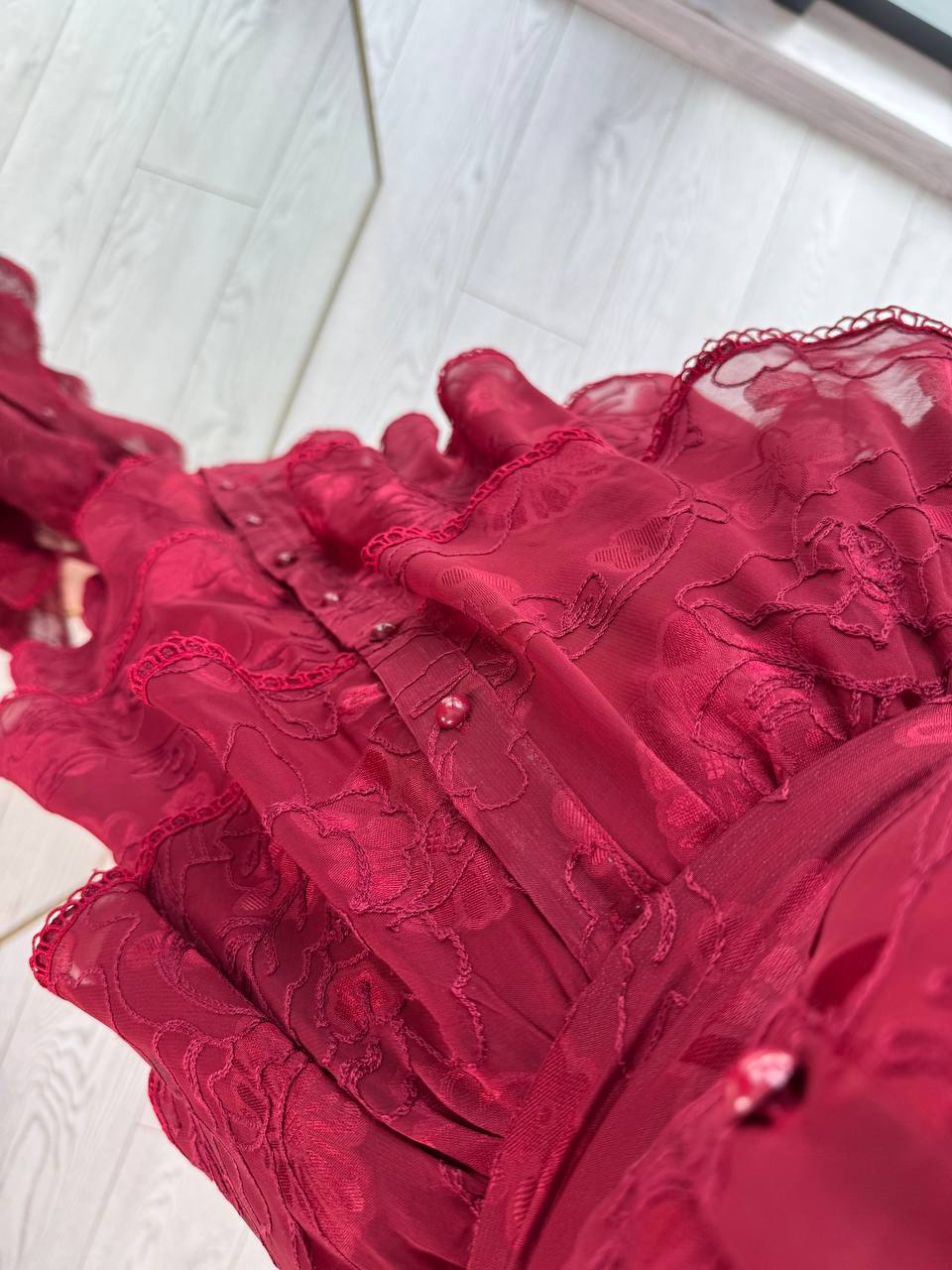 Tasarım%20Bordo%20Eteği%20Kat%20Kat%20Astarlı%20Elbise
