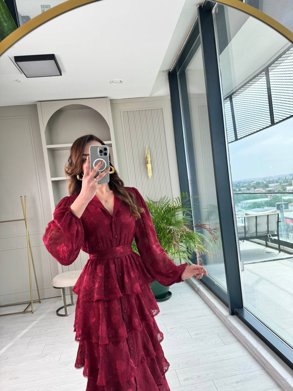 Tasarım%20Bordo%20Eteği%20Kat%20Kat%20Astarlı%20Elbise