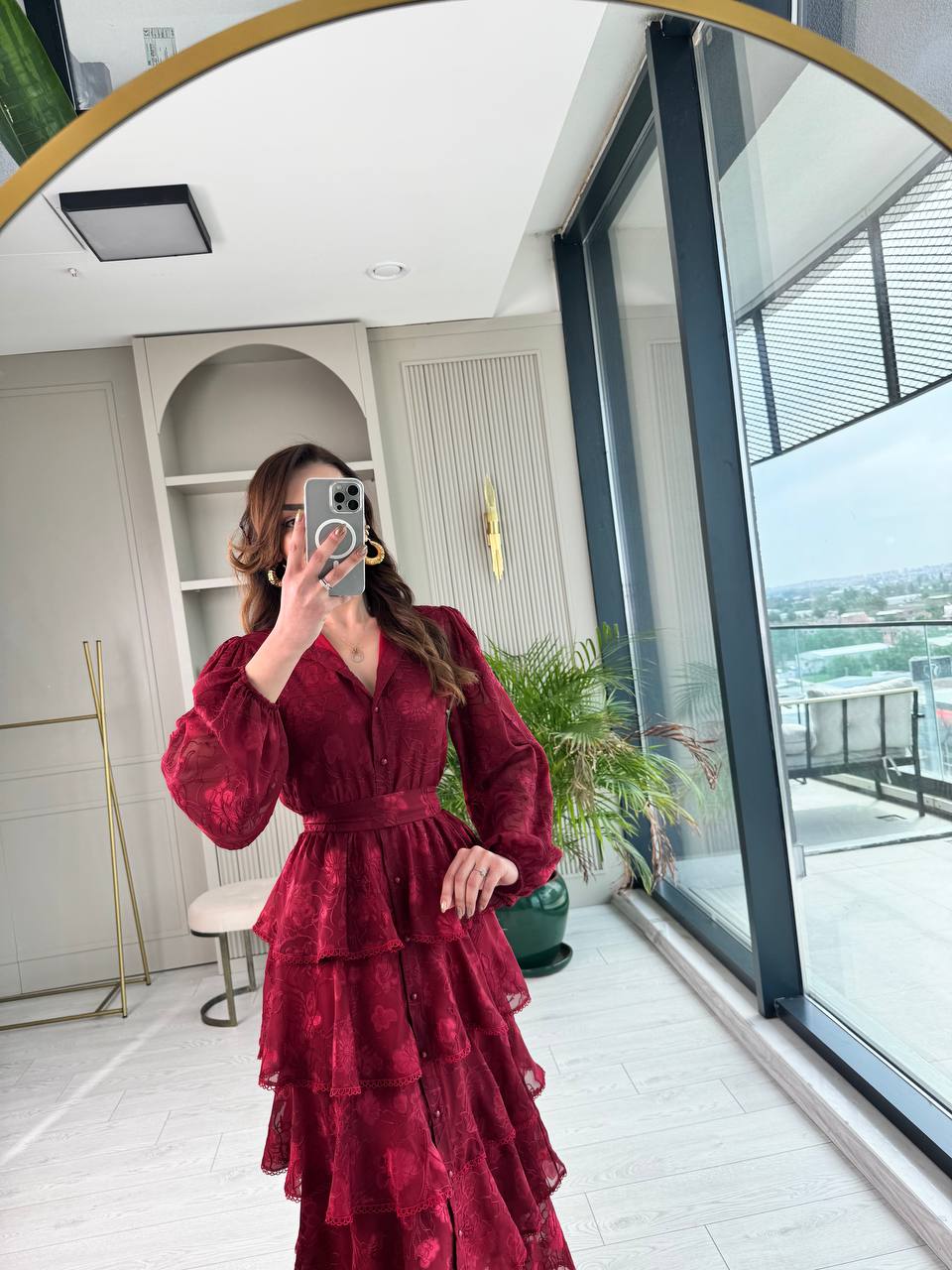 Tasarım%20Bordo%20Eteği%20Kat%20Kat%20Astarlı%20Elbise