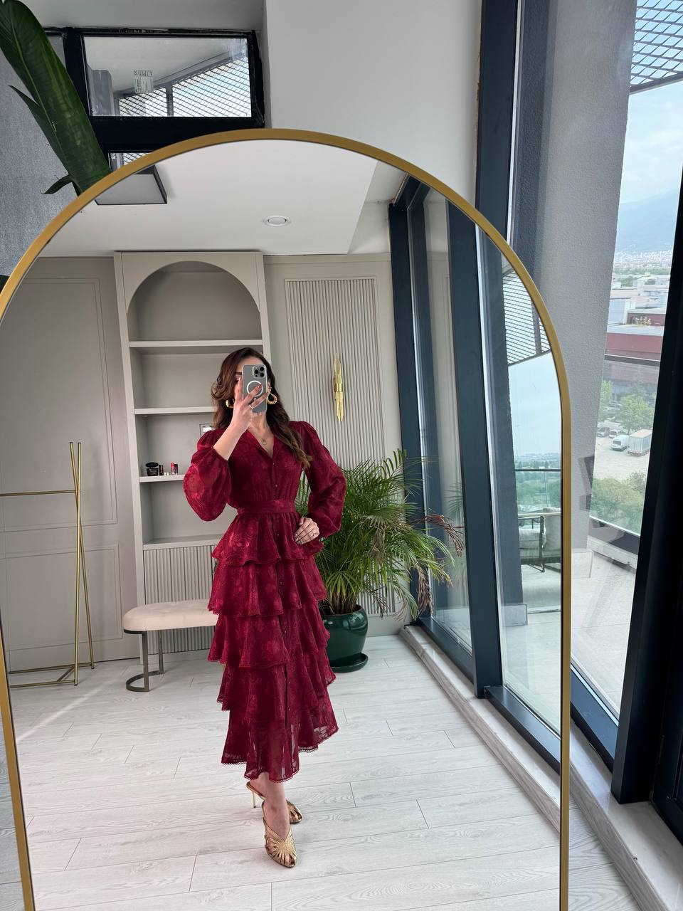 Tasarım%20Bordo%20Eteği%20Kat%20Kat%20Astarlı%20Elbise