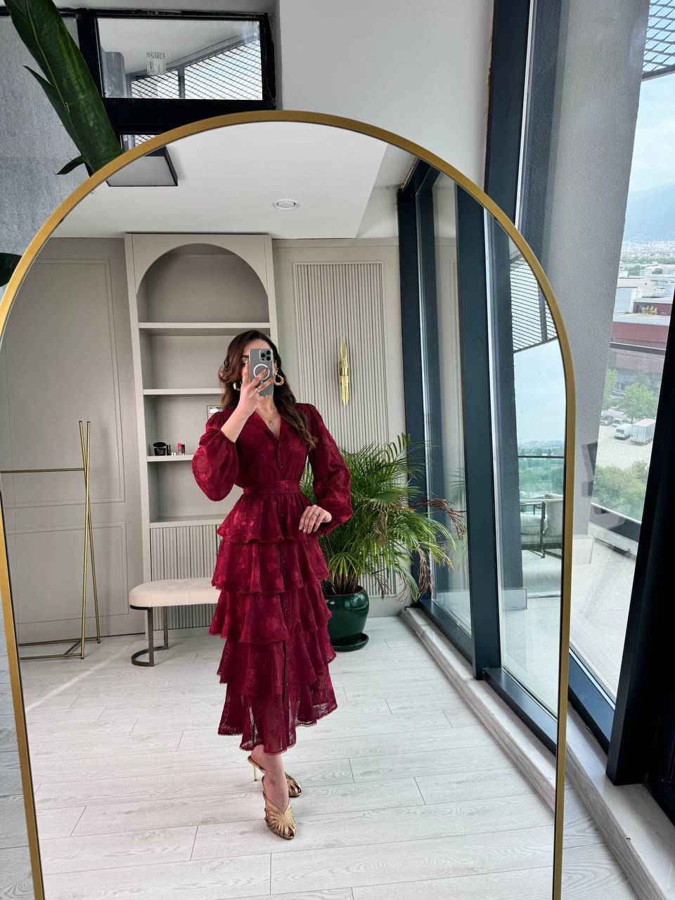 Tasarım%20Bordo%20Eteği%20Kat%20Kat%20Astarlı%20Elbise