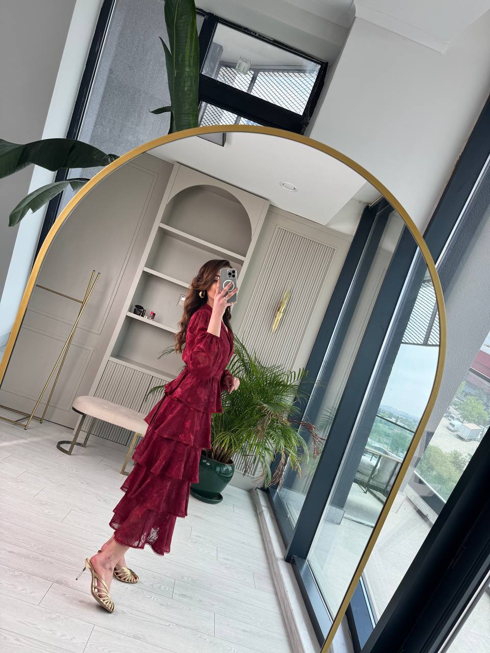 Tasarım%20Bordo%20Eteği%20Kat%20Kat%20Astarlı%20Elbise