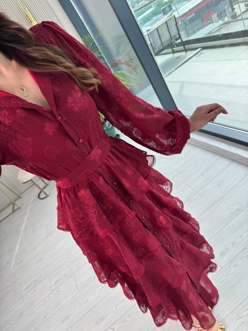 Tasarım%20Bordo%20Eteği%20Kat%20Kat%20Astarlı%20Elbise