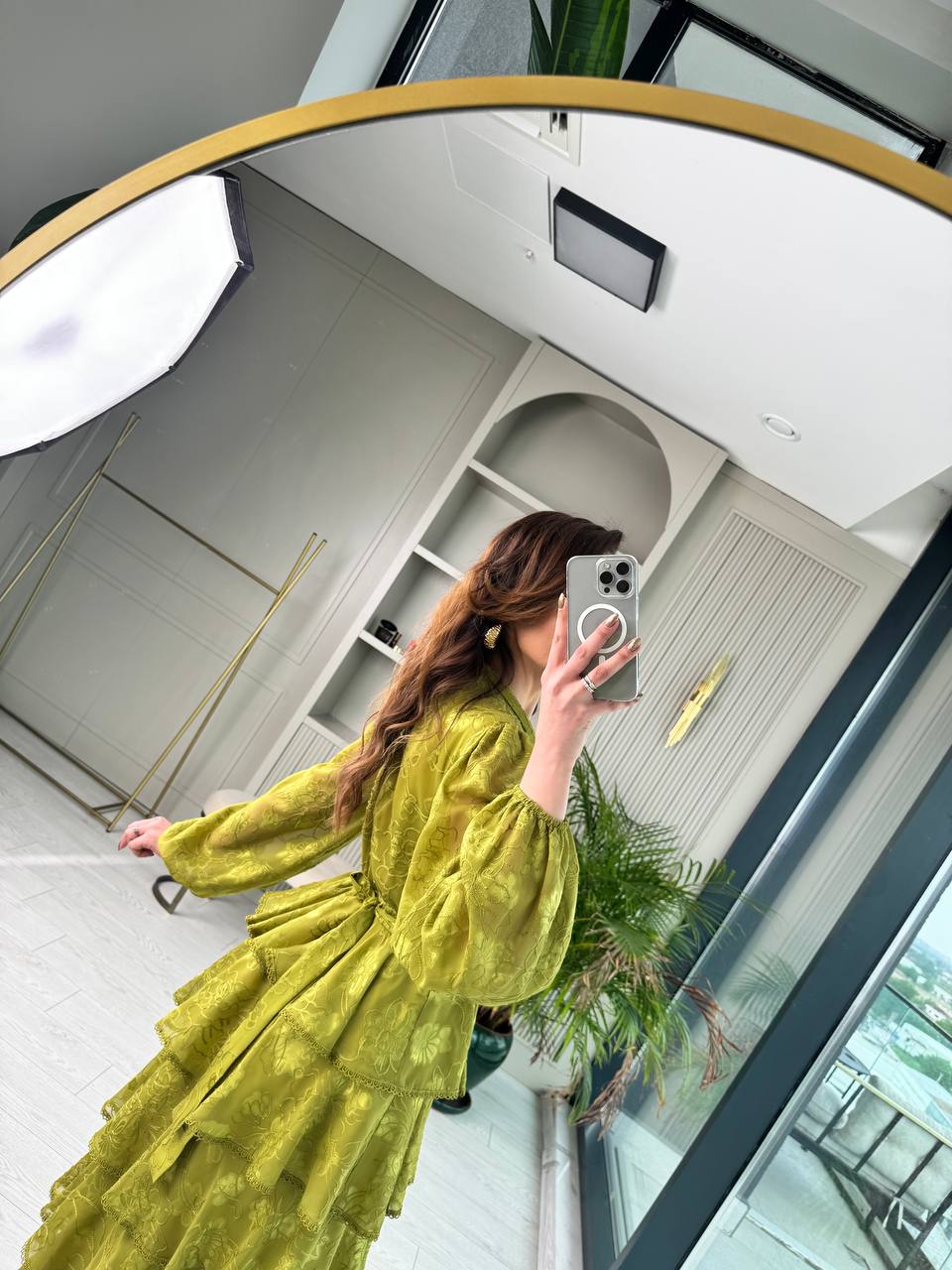 Tasarım%20Yağ%20Yeşili%20Eteği%20Kat%20Kat%20Astarlı%20Elbise