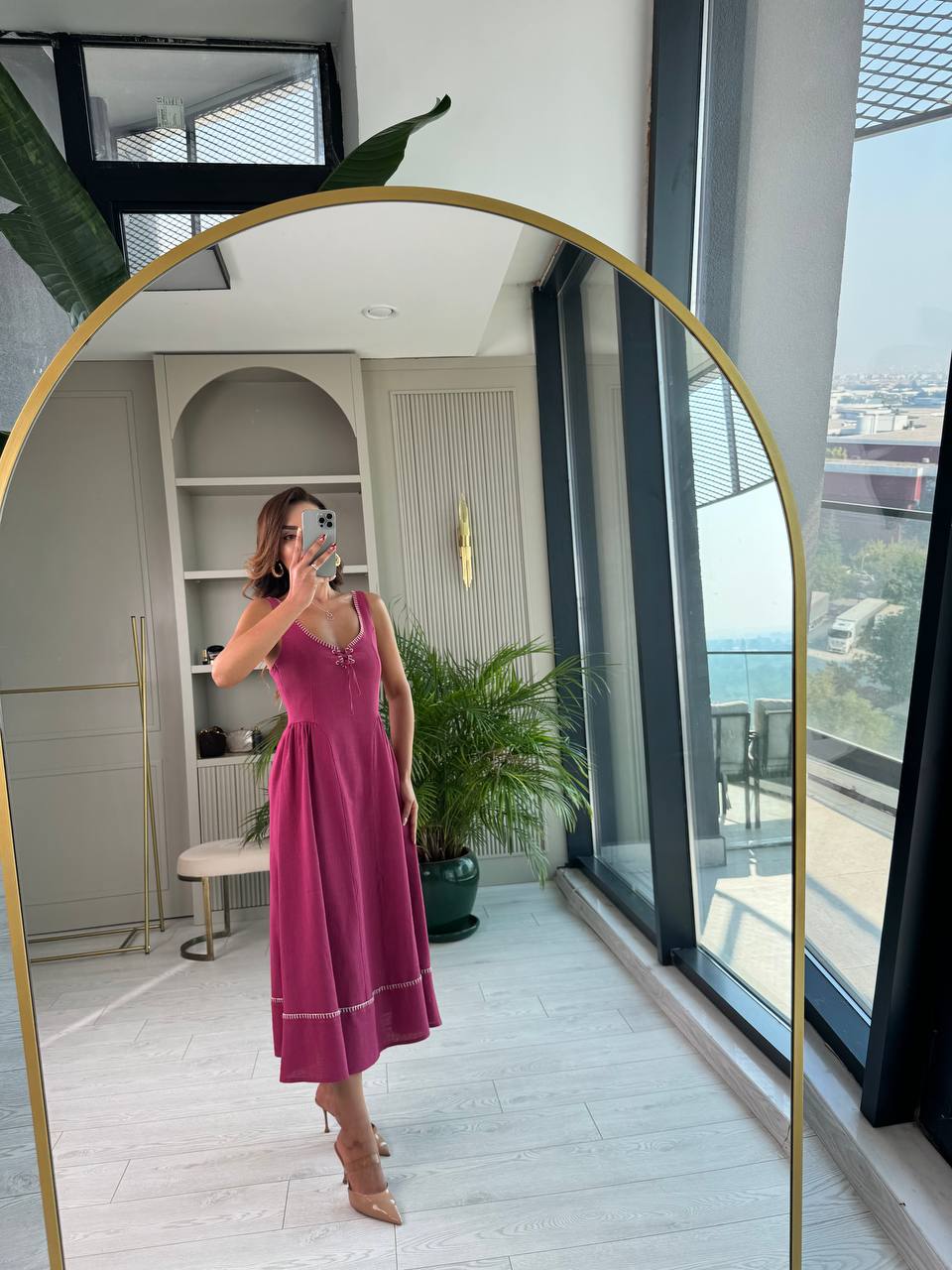 Bordo%20Yaka%20Detaylı%20Lüks%20Kalite%20Tok%20Keten%20Elbise