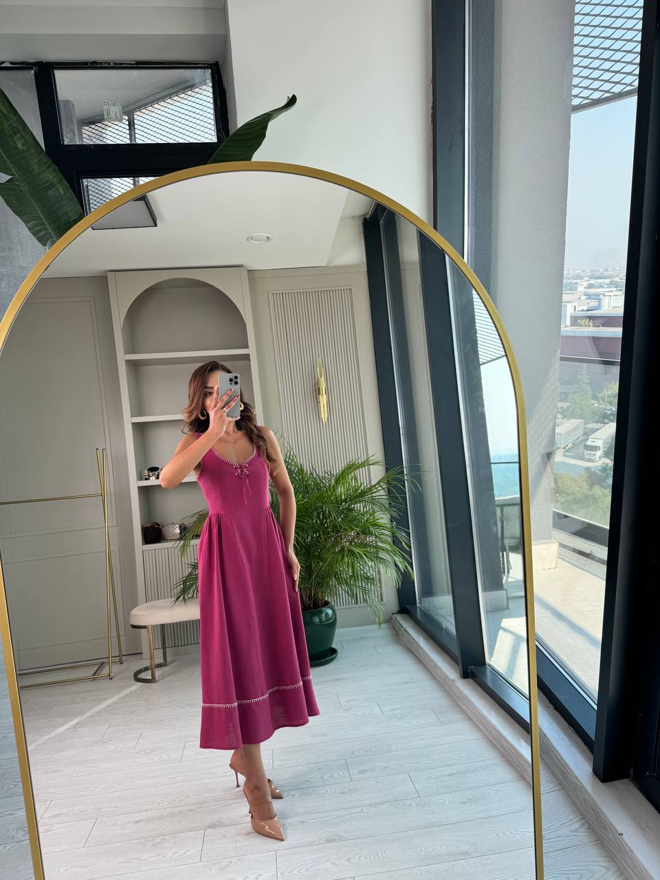 Bordo%20Yaka%20Detaylı%20Lüks%20Kalite%20Tok%20Keten%20Elbise