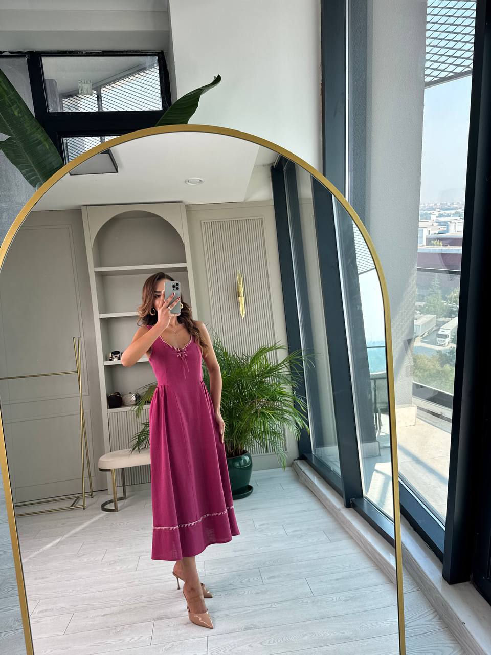 Bordo%20Yaka%20Detaylı%20Lüks%20Kalite%20Tok%20Keten%20Elbise