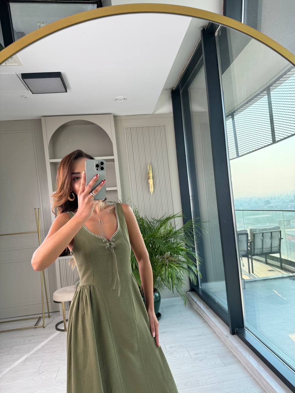Haki%20Yaka%20Detaylı%20Lüks%20Kalite%20Tok%20Keten%20Elbise