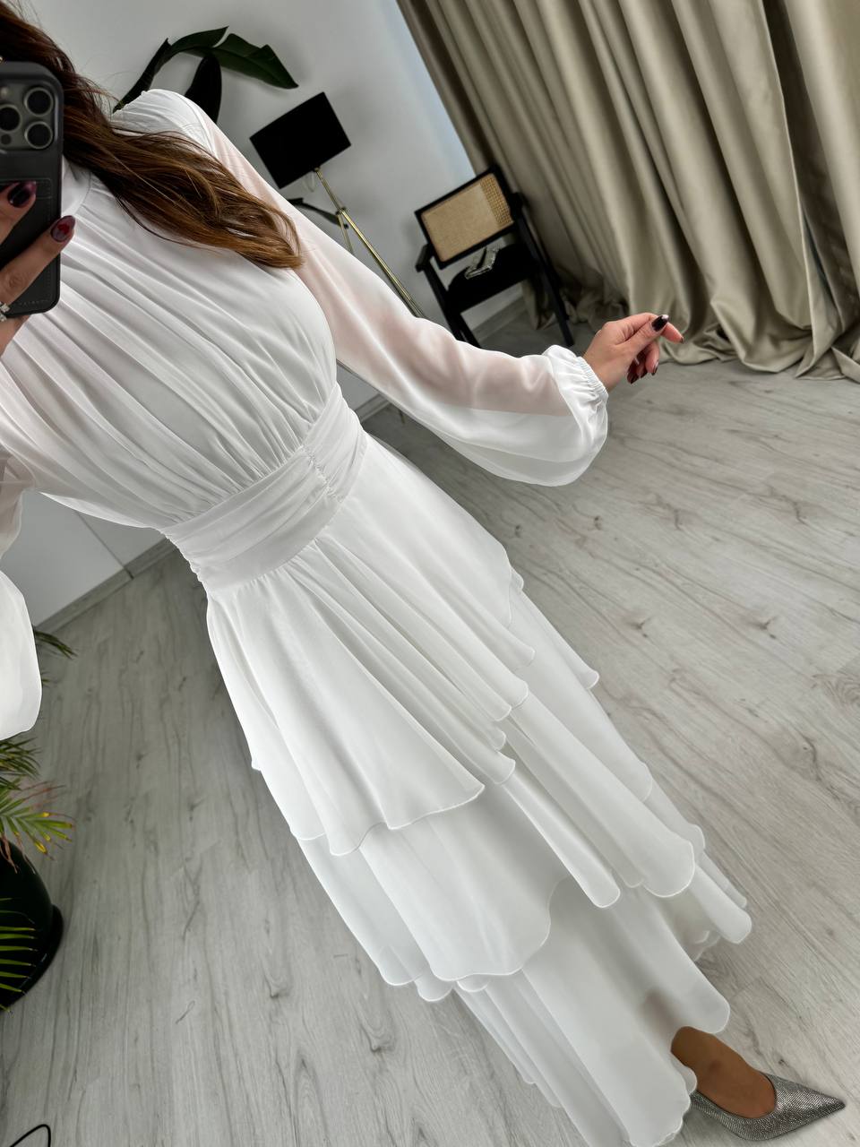 Tasarım%20Beyaz%20Astarlı%20Beli%20Korsajlı%20Valencia%20Şifon%20Elbise