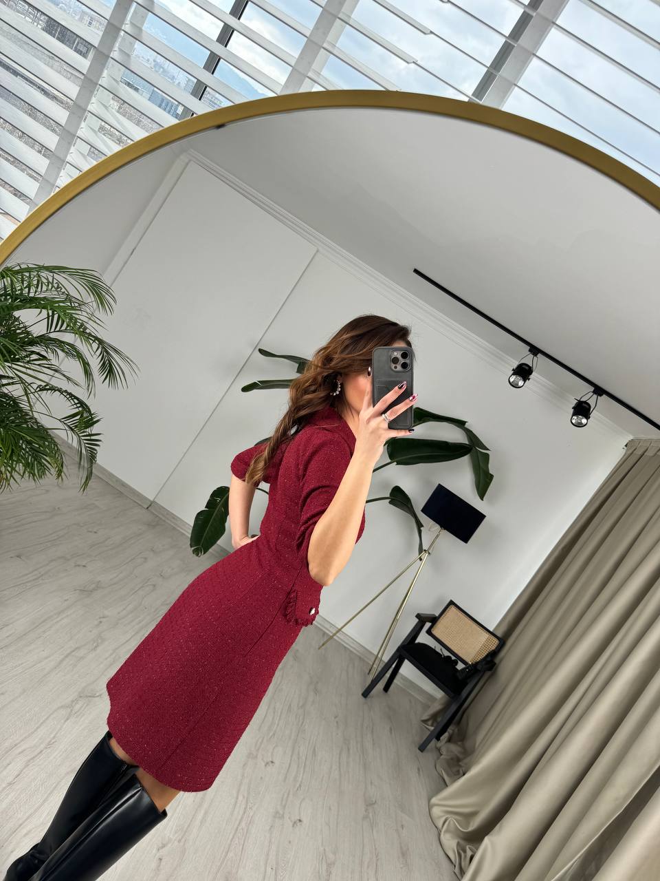 Bordo%20İnci%20Düğmeli%20Tuvid%20Kumaş%20Elbise