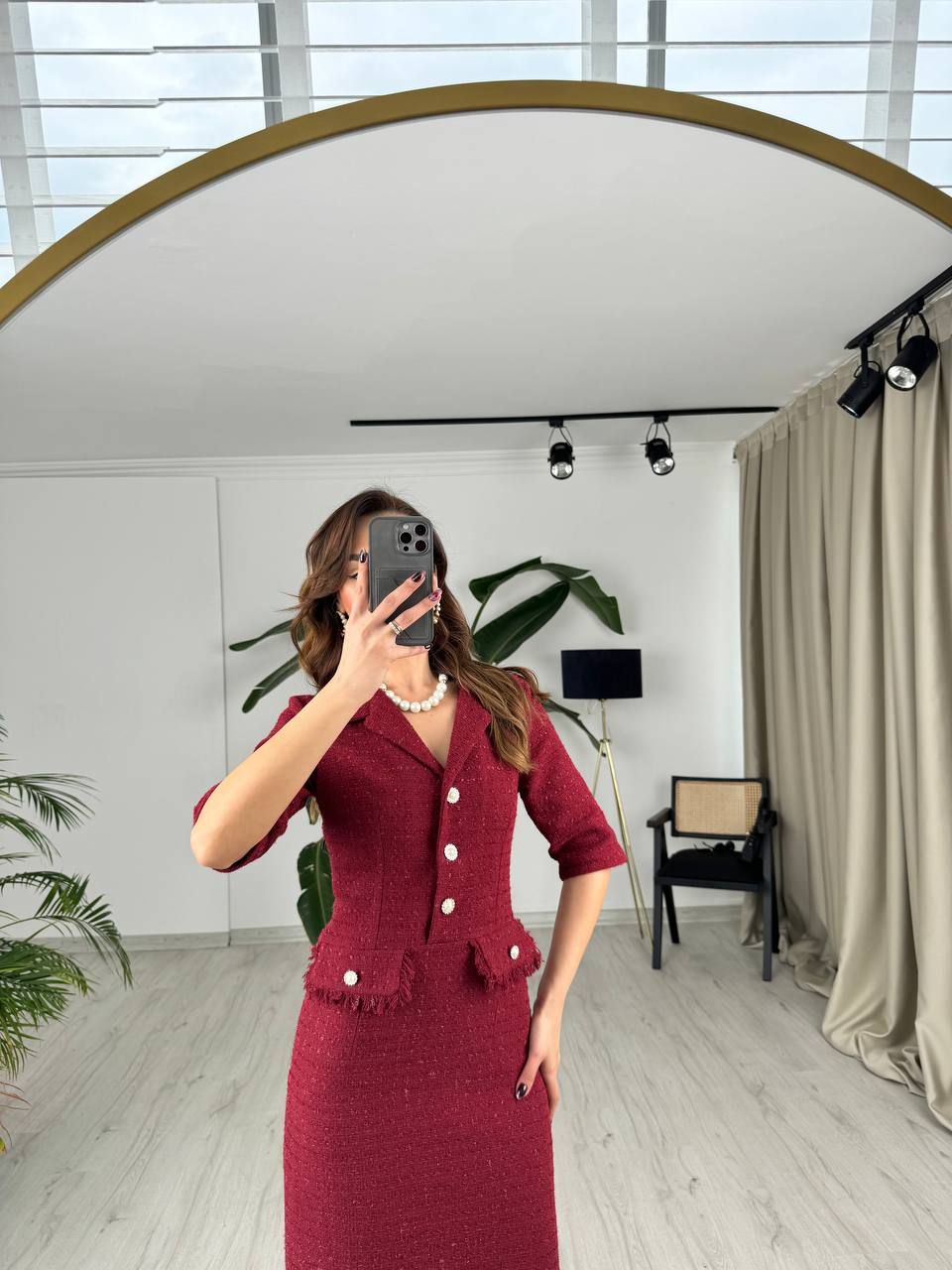 Bordo%20İnci%20Düğmeli%20Tuvid%20Kumaş%20Elbise